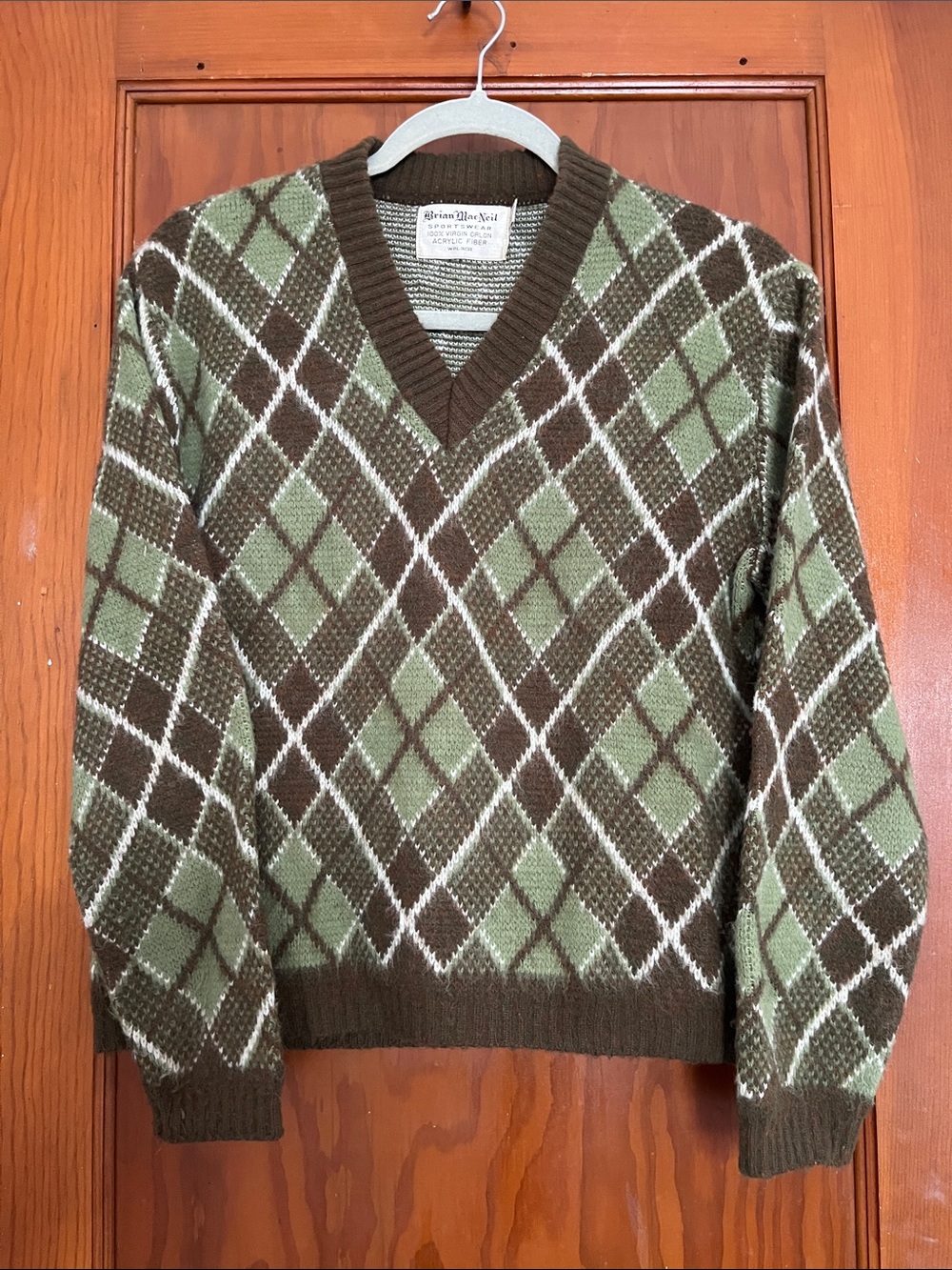 Vintage Brian MacNeil Green & Brown Argyle V-Neck Sweater Ladies M 36-38
